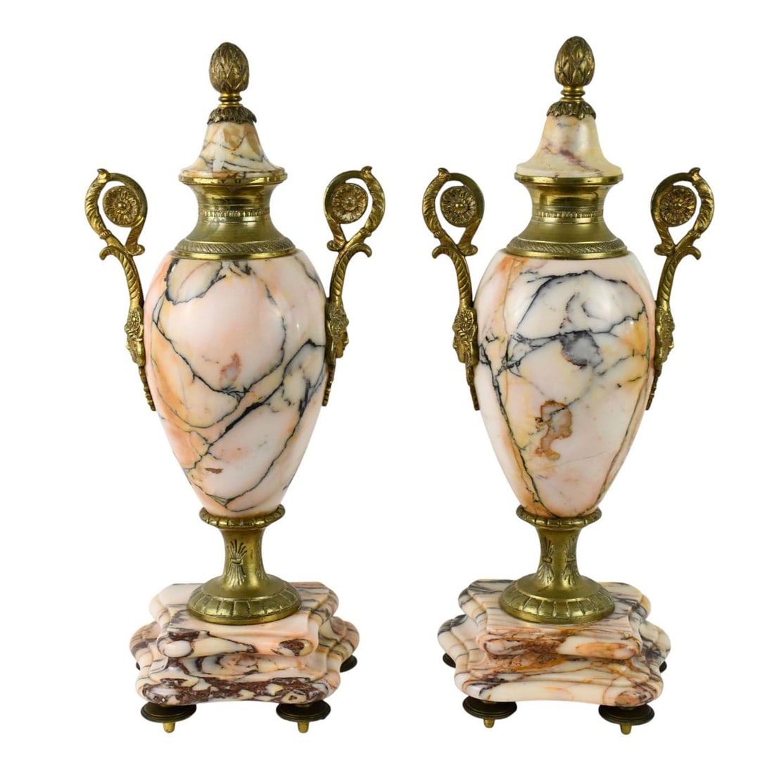 Pair Pink Marble & Bronze Urns With Lids, Gilt Metal Mounts, 13 1/2"h x 6"w (repair to one lid) (1 of 7)
