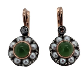 Vintage Imperial Era 14 K Rose Gold, Rose cut Diamond, Nephrite , Pearl Earrings. Total weight; 6.0