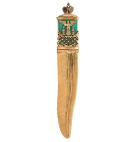 Russian Antique letter opener, the gilt silver blade in the form of a feather, both sides of the