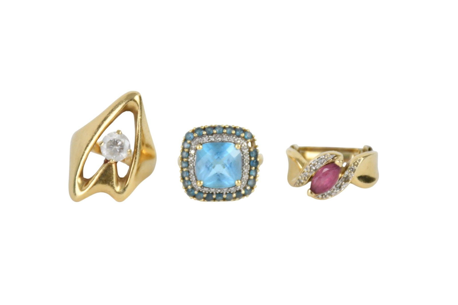 3 - 14K Yellow Gold Rings. CZ, Blue Topaz, Pink Topaz Size 4.5  - 6.5 Wt. 20 grams Blue Topaz ring (1 of 3)