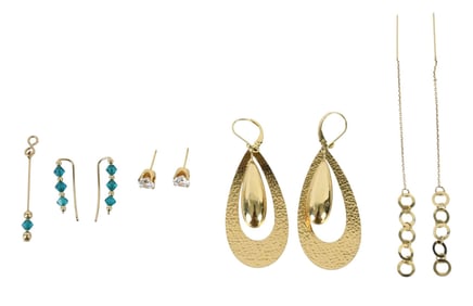 5 Pairs of 14K Yellow Gold Earring Lot. Wt. 8 grams CZ stud earrings, 1/4" - 2.25"