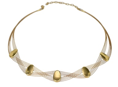 14K Yellow Gold Necklace. intertwined wire necklace with five oval gold stations, marked: "CPT /