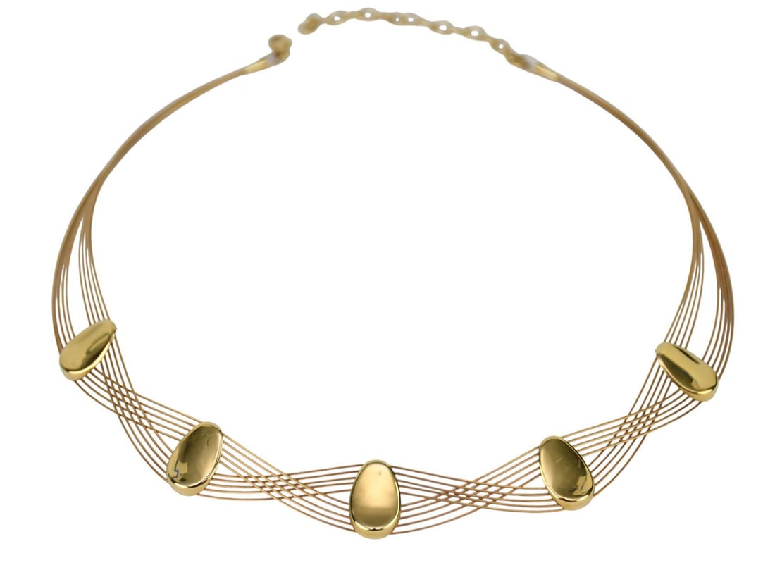 14K Yellow Gold Necklace.  intertwined wire necklace with five oval gold stations, marked: "CPT / (1 of 3)