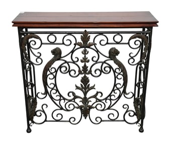 Console with 3 Sided Open Work Iron Base With Leaves, Scrolls & Lion Heads, 35"h x 38"w x 12"d