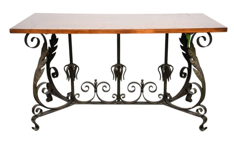 Console Table with Wood Top and Wrought Iron Fancy Base, 31"h x 57"w x