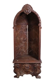 Hooded Continental chair, Large Shell Carving At Top, Exterior with Age Split On Hood, Overall