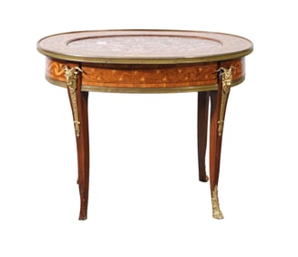 Italian Inlay Oval table with Rose Marble Insert Top Inlay Apron with Ormolu Ram Head Ornaments,