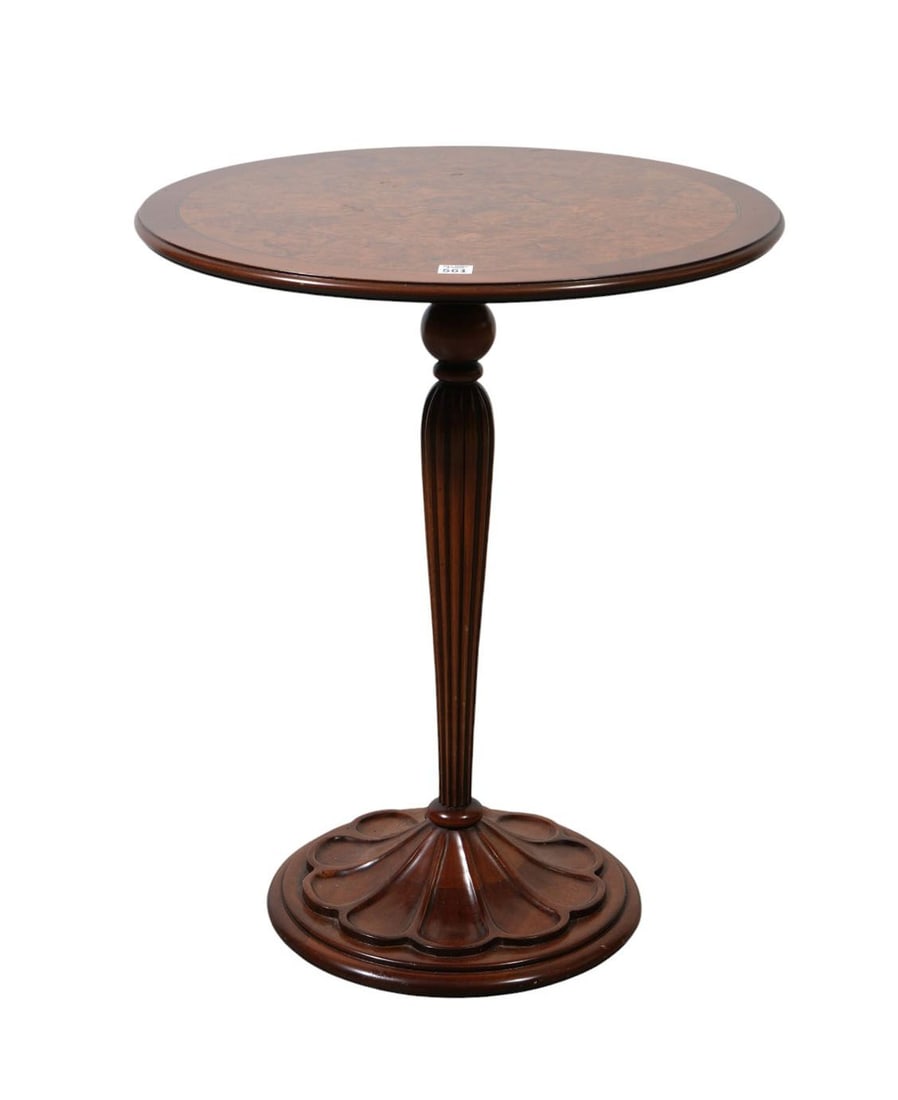 Italian Round Burled Wood Occasional Table on Tapered Reeded Pedestal, Floral Petal Design Base (1 of 6)