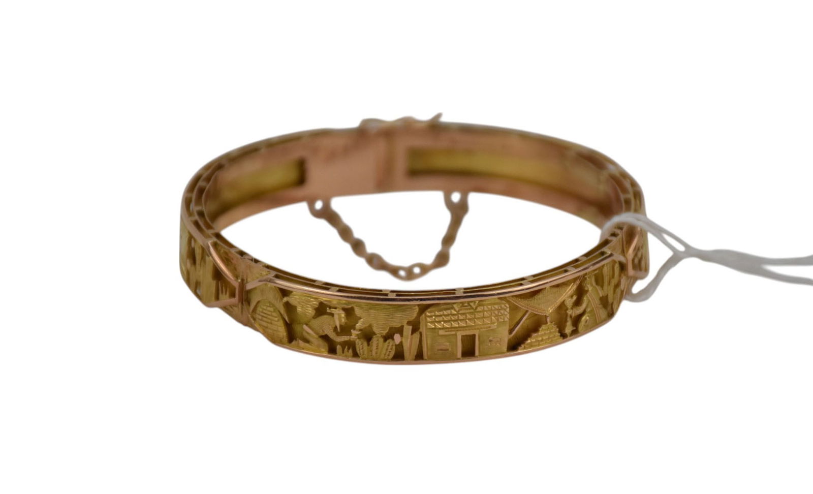 18K yellow Gold Egyptian Motif Bracelet.  Wt. 26.6 grams inner circumference 7" with 1.5" opening (1 of 4)