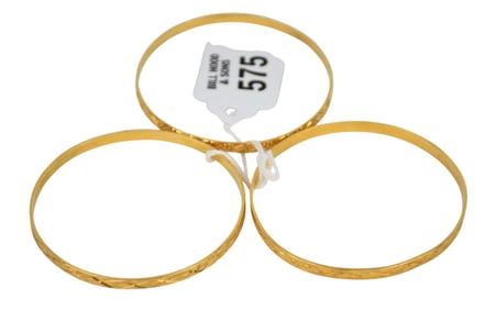 3 - 18K yellow Gold Bangle Bracelets. Wt. 36.8 grams inner circumference
