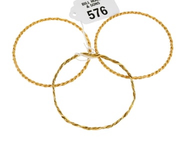 3 - 18K yellow Gold Bangle Bracelets. Wt. 34.7 grams, inner circumference