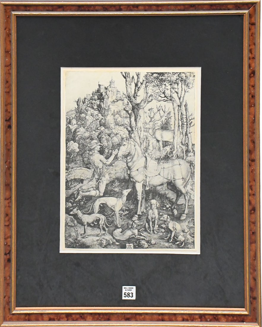 Albrecht Durer German 1471-1528.  Wood cut etching after Albrecht Durer- entitled Saint Eustis. (1 of 9)