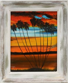 Highway-woman Doretha Hair. Oil on Masonite board, FLORIDA SUNSET, signed D. Hair '21. 11 x 14