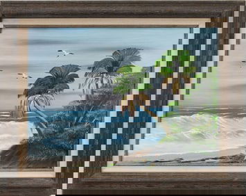 Al Black Florida Highwaymen Painting. Seascape Palm Trees and Birds. Signed lower right oil on