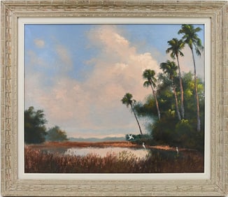 Russell Robert Sheibenberger (American, 20th C.) Florida Everglades scene oil on canvas 25 x 30