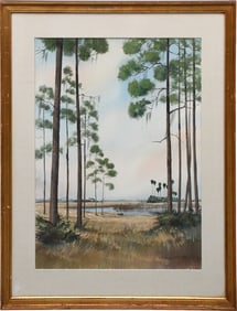 Lloyd Jordan AWS (Am. 1923 - 1975) Watercolor laid on cardboard. , Florida Landscape. signed lower