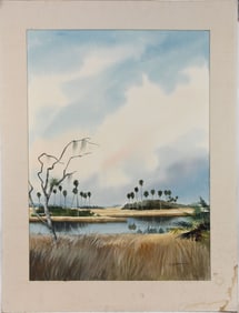 Lloyd Jordan AWS (Am. 1923 - 1975) Watercolor laid on cardboard, Florida Landscape. signed lower