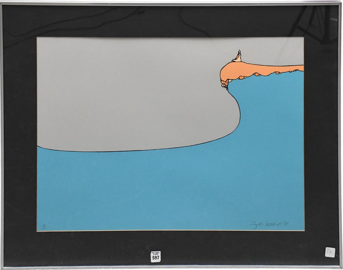 PETER MAX "MAN ON THE HILL" SERIGRAPH 1971 Peter Max, (American, b.1937), Man on the Hill,: PETER MAX "MAN ON THE HILL" SERIGRAPH 1971 Peter Max, (American, b.1937), Man on the Hill, Serigraph, 1971, #83/100 lower left and signed lower right 20.5" x 28.5" Overall frame size 28" x 36"