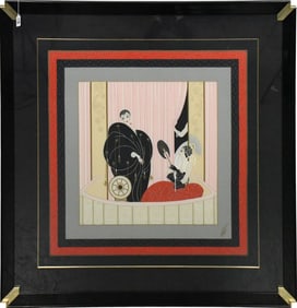 Erte Romain de Tirtoff 1987 "Loge De Theatre" Art Deco Framed Silk Scarf 45.5" x 45.5"