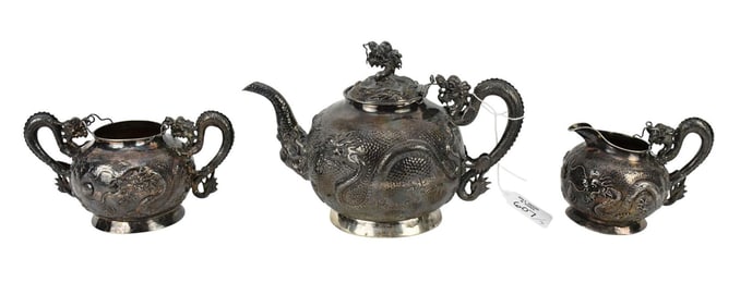 3 Pcs Japanese Meigi Period Tea Set Dragon Motif. Tea pot 5.75" x 8.5" Creamer 3" x 5" has a small