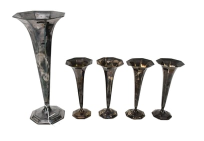 5 Antique Tiffany & Co. Sterling Silver Paneled Trumpet Vases, (4) 6.5" x 3" (1) 11.5" x 5"