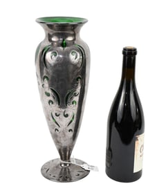 Alvin Silver & Green Glass Art Nouveau Vase, 14" x 5" glass is damaged