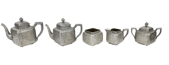 5 Sterling Silver WHITING MFG. CO. Tea Set. 2 teapots 7.5" x 10.5" and 7" x 9.5, Milk Jug 3.5" x