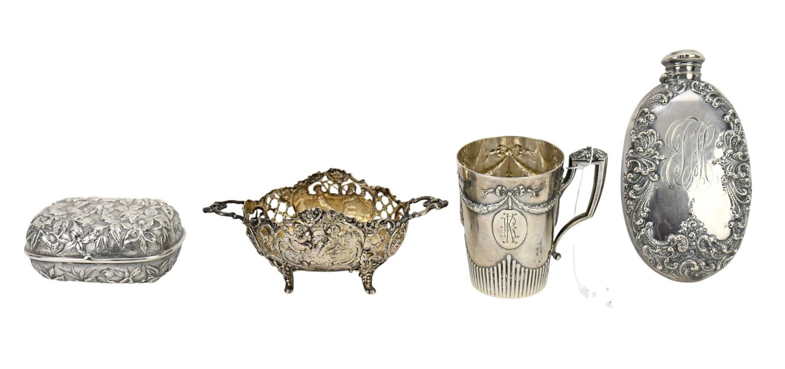 Sterling Silver Lot, Sterling Box Jacobi & Co. 3.5" x 2", Candy Dish 6" x 2.5", Gorham Flask has a (1 of 9)