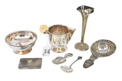 Sterling Silver Lot, Creamer 3.' x 5" and sugar bowl 2" x 4.25" by Dupre B.W.K.S., Pill box