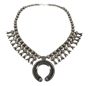 Navajo Silver Squash Blossom Necklace by LBD, 20th Century, Having a crescent naja with rope and