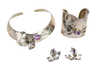 Sunrise Sterling Silver Set Necklace, Cuff, & Earrings, Choker Necklace 13" inner circumference,