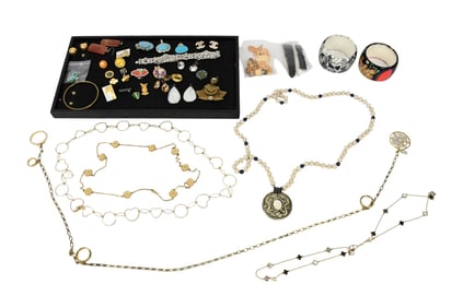 Costume Jewelry Lot. 14K turquoise earrings, Sterling Necklace, Panetta Pendant, Carved bone, Chunky