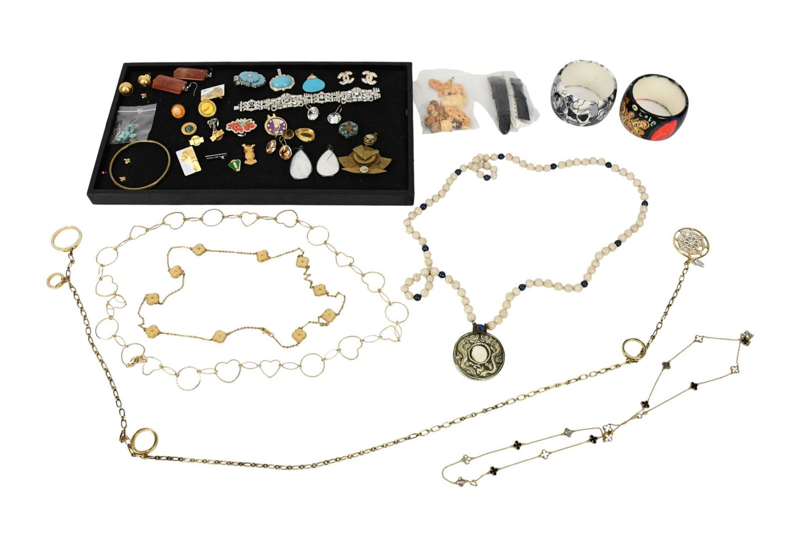 Costume Jewelry Lot. 14K turquoise earrings, Sterling Necklace, Panetta Pendant, Carved bone, Chunky: Costume Jewelry Lot. 14K turquoise earrings, Sterling Necklace, Panetta Pendant, Carved bone, Chunky Bangle bracelets, etc.