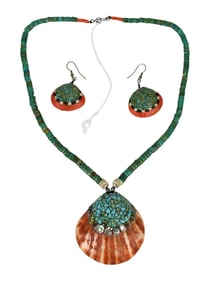 Rare Santo Domingo Inlaid Shell and Stone Necklace and Earrings, Necklace composed of coral and