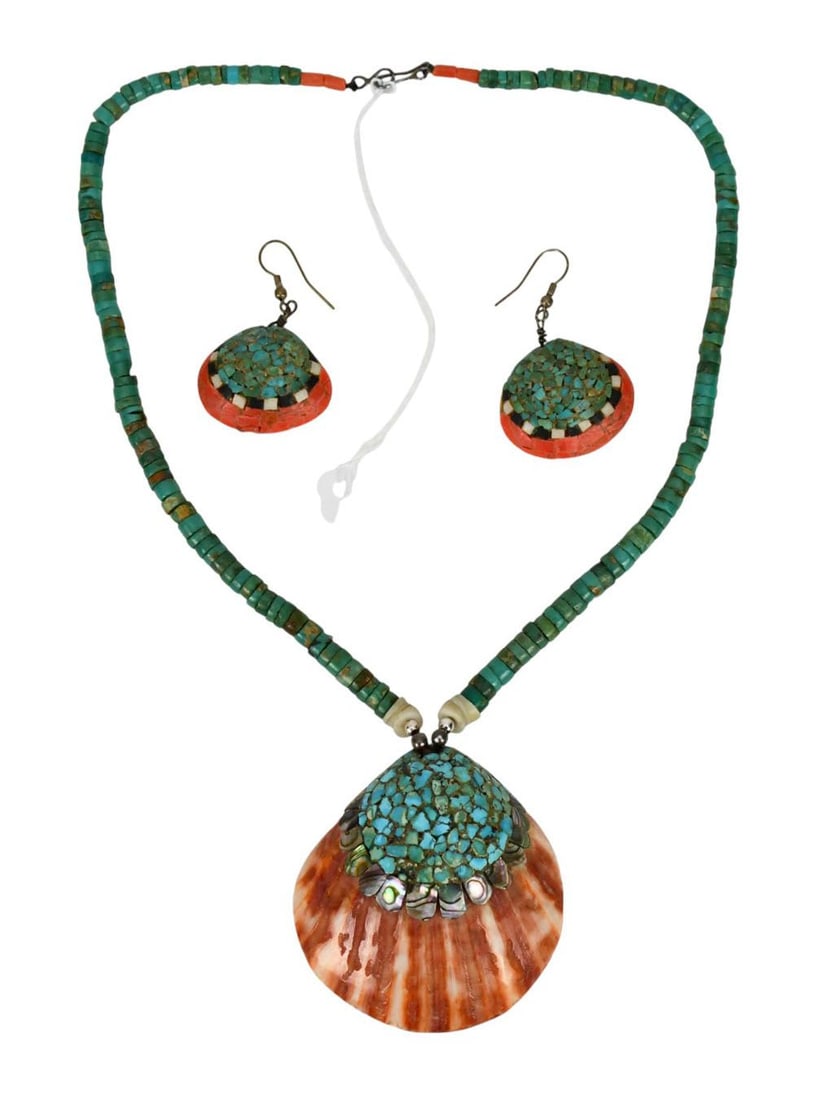 Rare Santo Domingo Inlaid Shell and Stone Necklace and Earrings, Necklace composed of coral and (1 of 4)