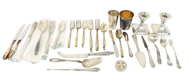 Sterling Silver Lot. Mixed flatware, Kiddish cups, pill box and candlesticks. Wt.20 ozts not