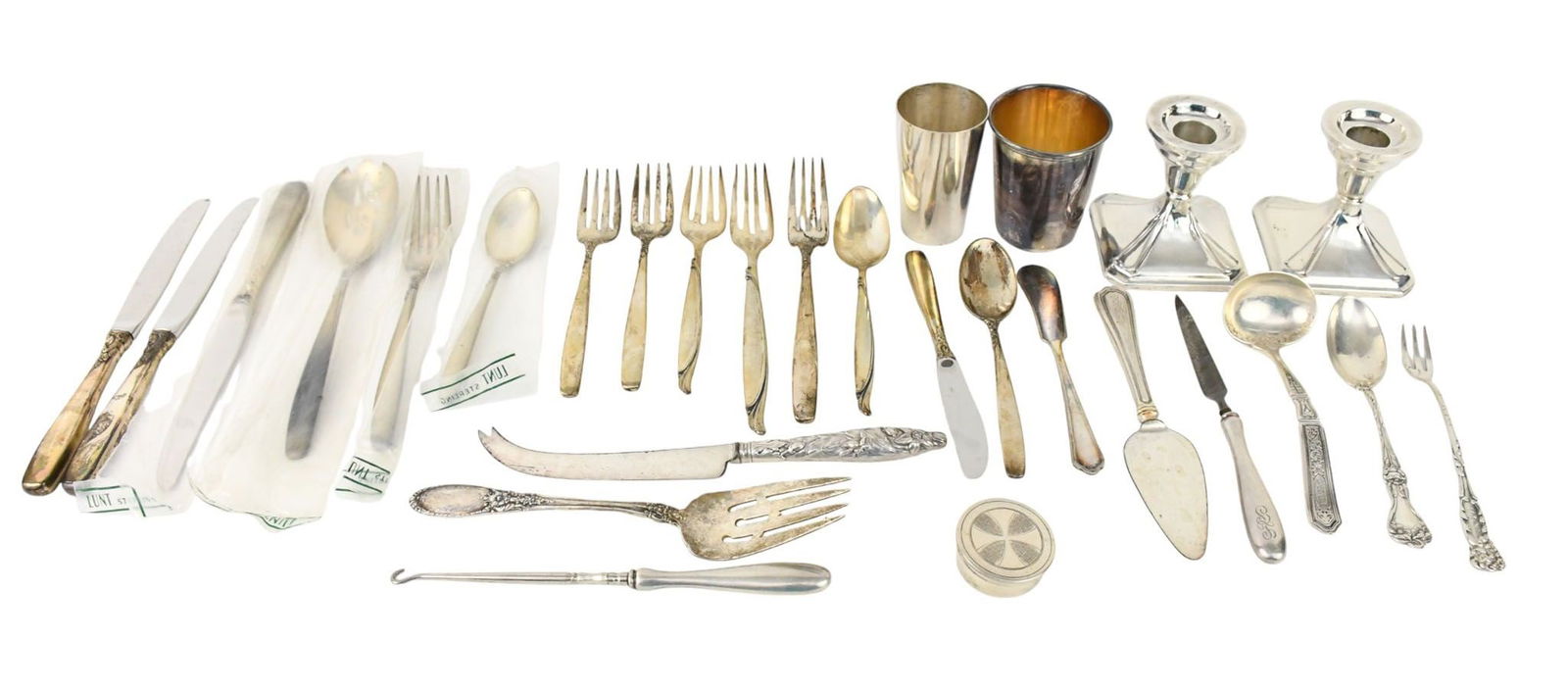 Sterling Silver Lot. Mixed flatware, Kiddish cups, pill box and candlesticks. Wt.20 ozts not (1 of 6)