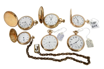 6 - Elgin Gold Plated Pocket Watches. Needs service. 48mm 50mm 1896 -1917 serial numbers 19901003,