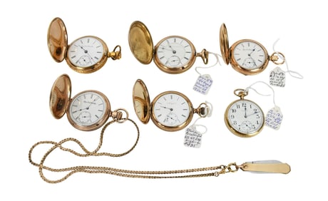 6 - Elgin Gold Plated Pocket Watches. Most Needa service. 50mm - 58mm 1890 - 1913 1 has a gold