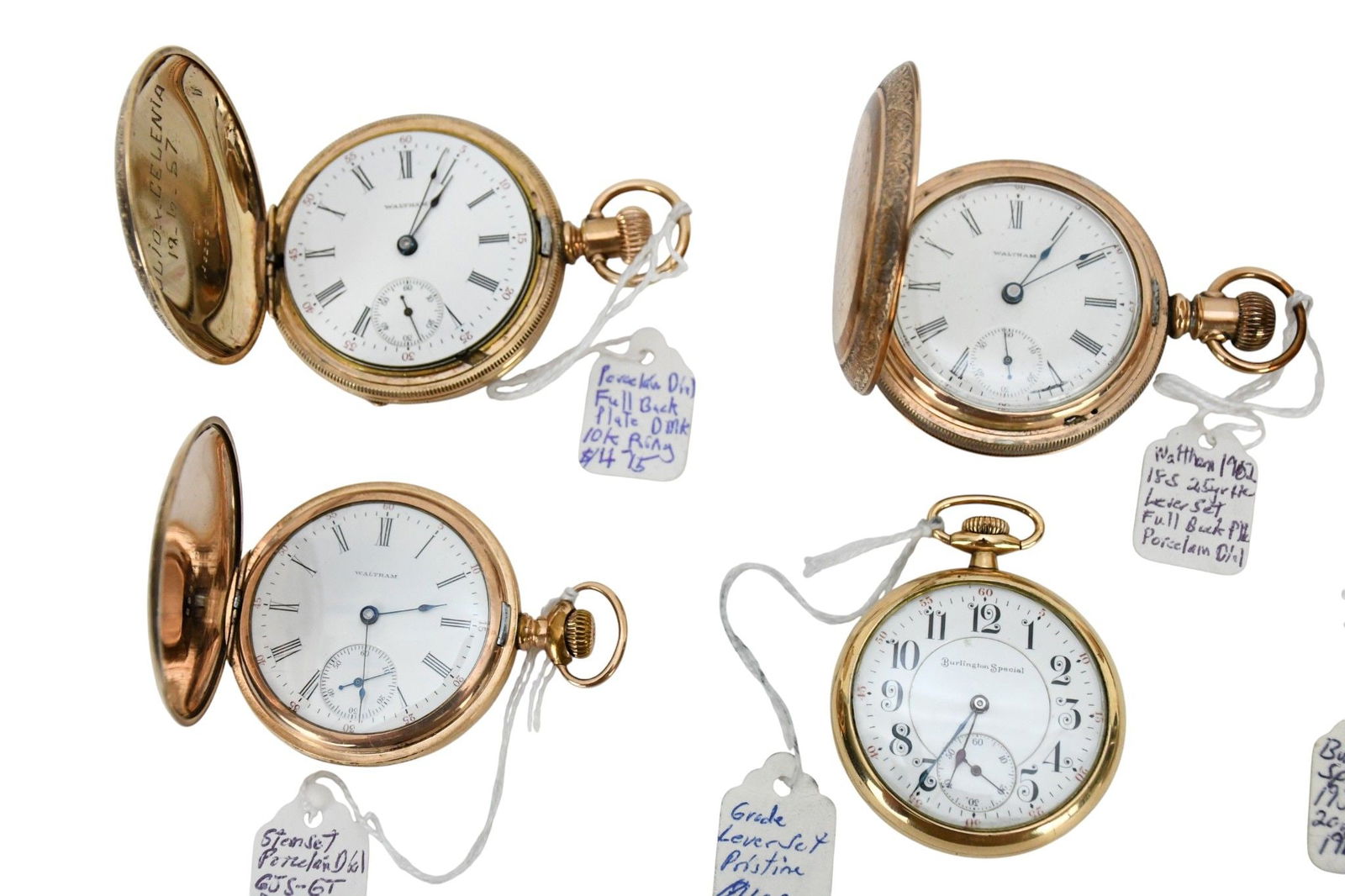 6 - Pocket Watches (4)  Waltham & (2) Burlington Special.  Burlington Special 48mm - 52mm 1 is gold (1 of 14)