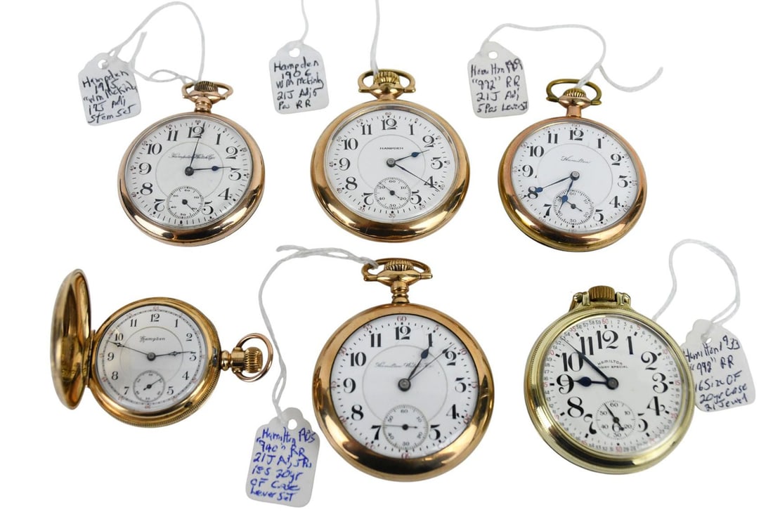 6 - Pocket Watches (3) Hamilton & (3) Hampden. Some need service.  42mm - 52mm Hamilton serial (1 of 16)