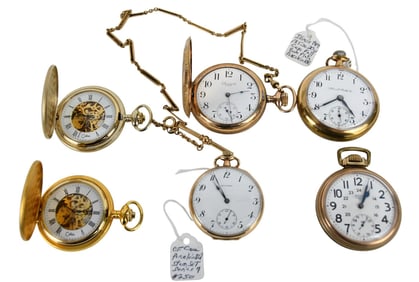 6 - Gold Plated Pocket watch Lot. Some need service. 45mm - 55mm Illinois watch co Springfield