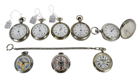 8 - Silverode Coin & Silver Plated Pocket watches. Some need service. American Walthamserial no.