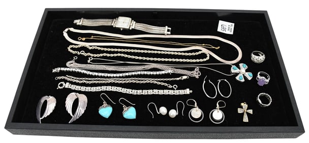 Sterling Silver Jewelry Lot. (5) Pairs of Earrings, (3) Rings, (5) Necklaces, (4) Bracelets one