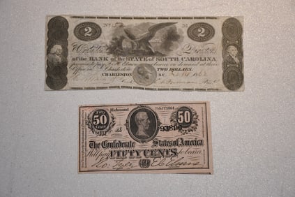 US Bank Notes. 50 cents Confederate State of America Feb 1864, 2 dollar South of Carolina 1862, (4)