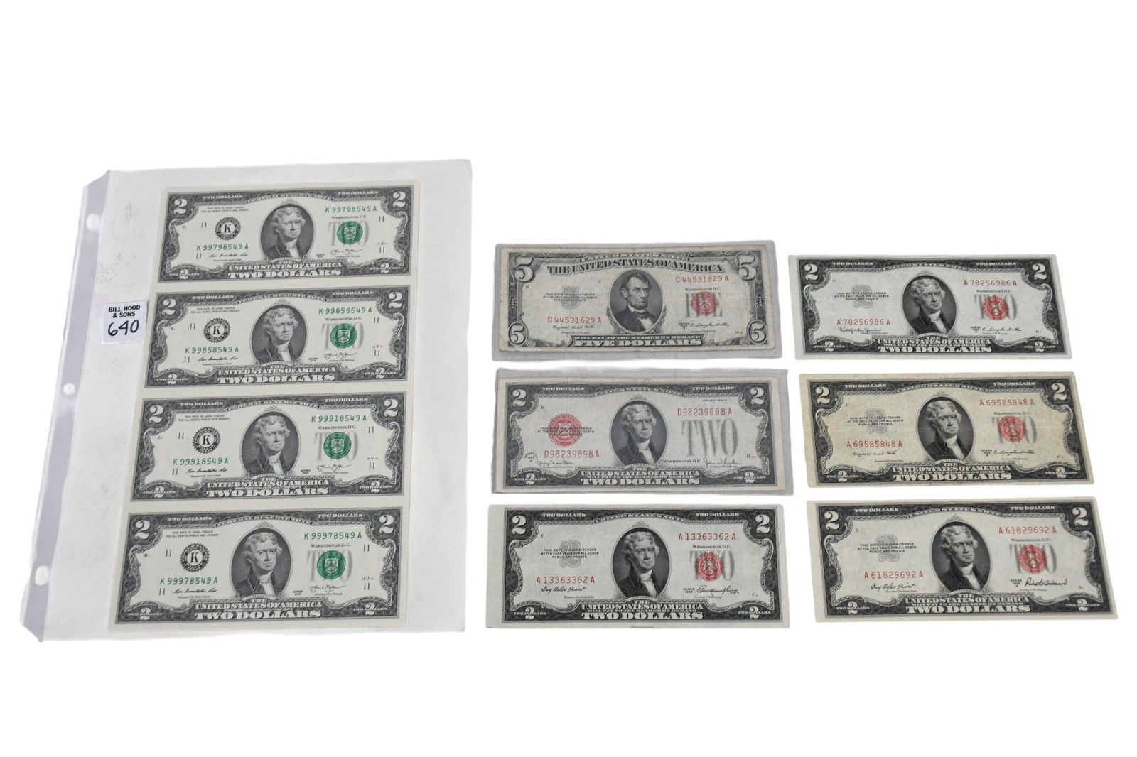 (10) US Bills. (5) 2 dollar red seal 1928 G, 1953, 1953A, 1953B and 1953C. 5 dollar red seal 1953B. (1 of 8)