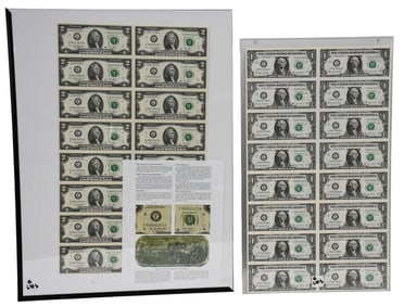 2 uncut sheets of US Currency 1) 2003 Sheet of 16 one dollar bills 2) 2013 Sheet of 16 2 dollar