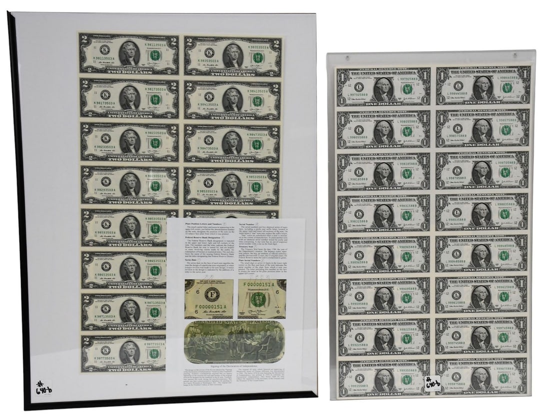 2 uncut sheets of US Currency 1) 2003 Sheet of 16 one dollar bills 2)  2013 Sheet of 16 2 dollar (1 of 7)
