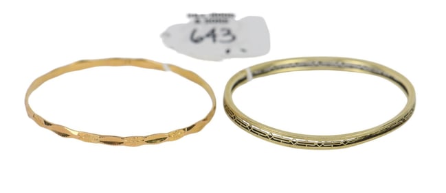 2 - 14K Yellow Gold Bangle Bracelets. Wt. 15.6 grams inner circumference 7"