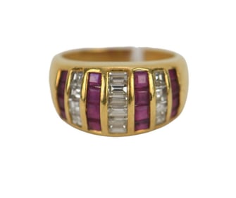 18K Yellow Gold Diamond Ruby Ring. Wt. 7.9 grams Size 6.75